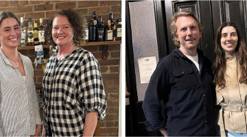 Bessies Bar staff member Molly Statham and Manager Cat Cullen; Right: New owners, Alex and Maddi.