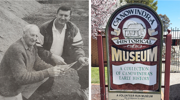Left: 2001 photo of John Newman, Rotary Club President and Graham Rice, Centenary of Federation Committee Presi - dent at the planning for the burial of the time capsule. Right: Canowindra History Museum today.